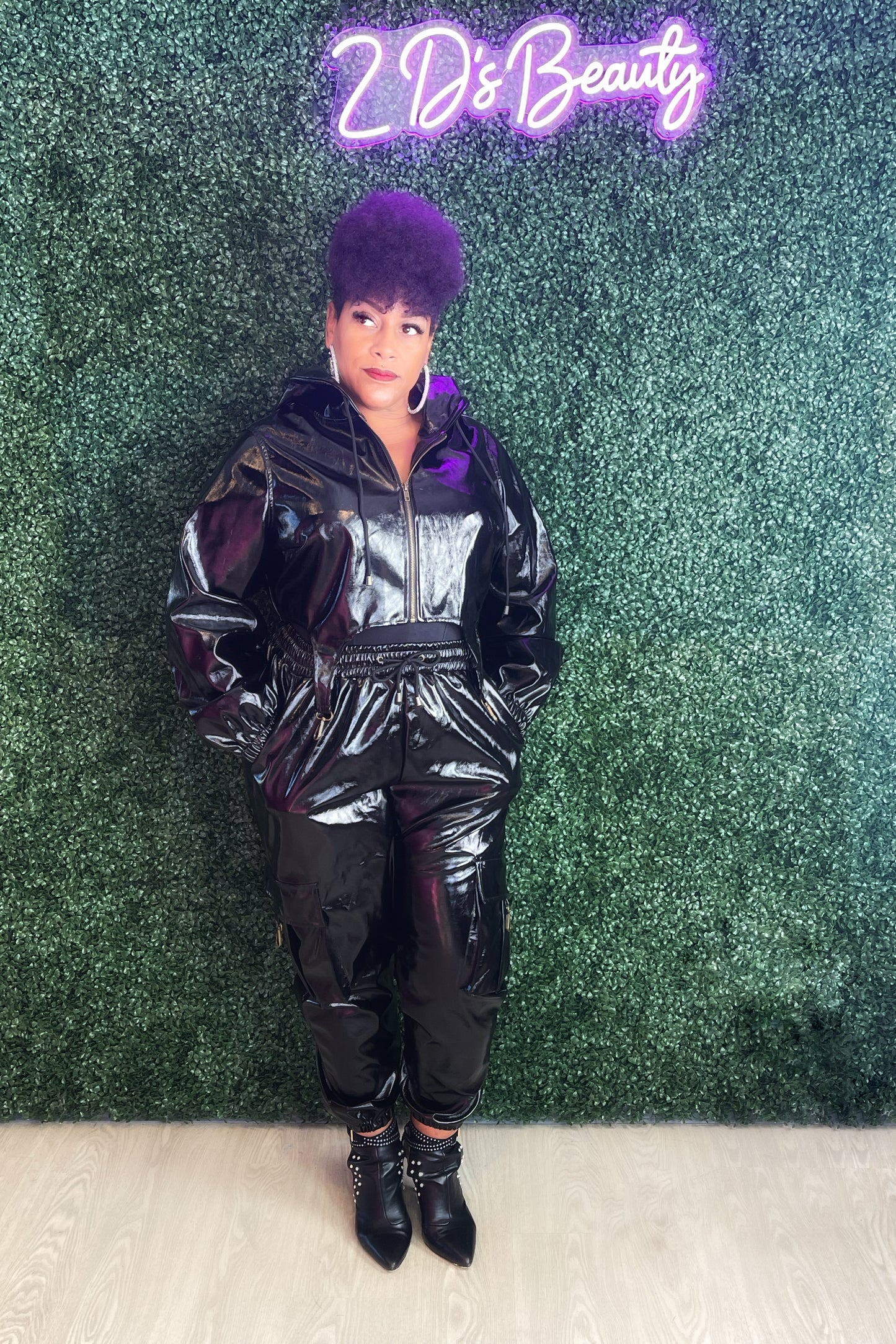 Plus Size Two Piece Black Vinyl Set