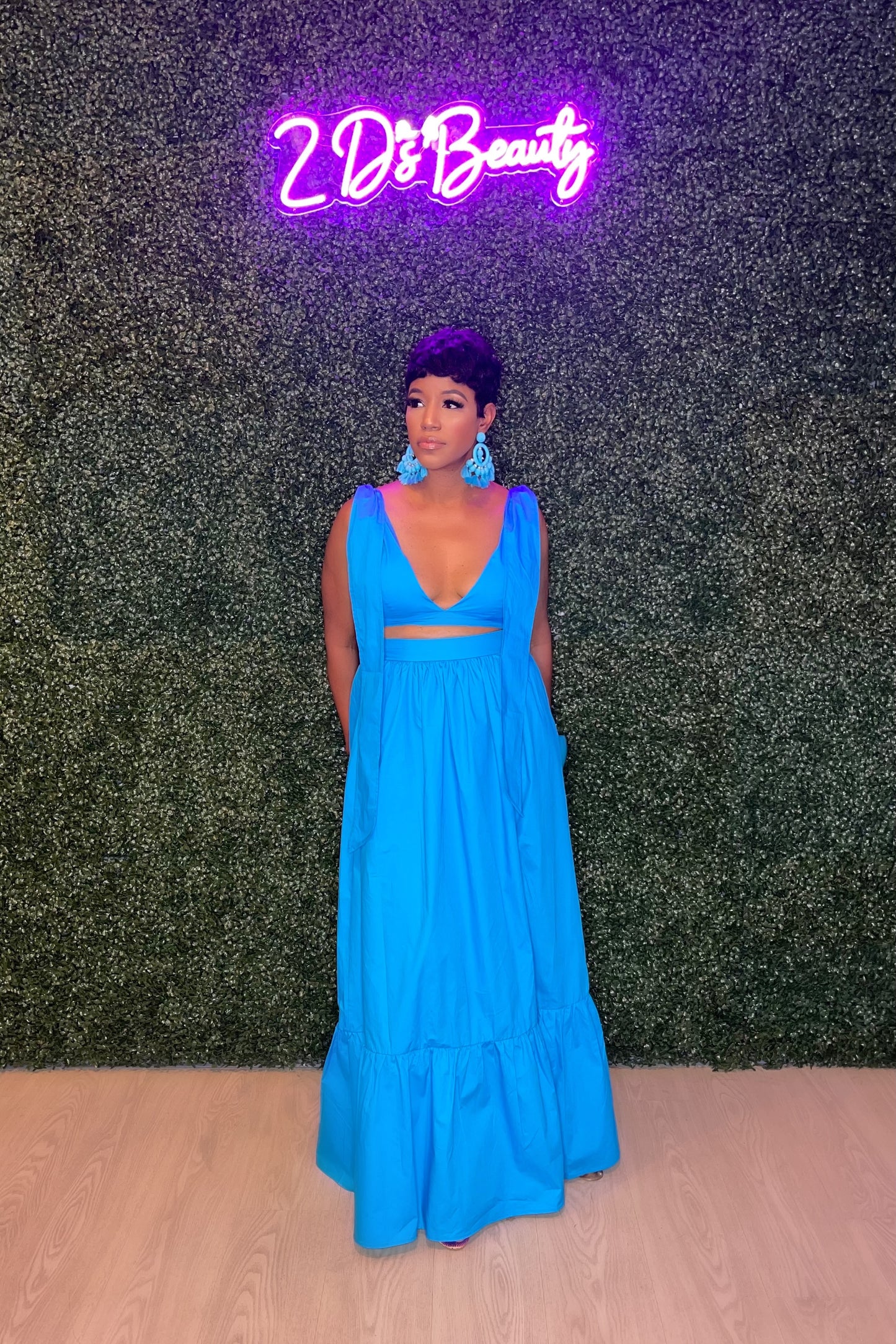Two Piece Maxi Skirt With Padded Bralette Style Top -Ocean Breeze
