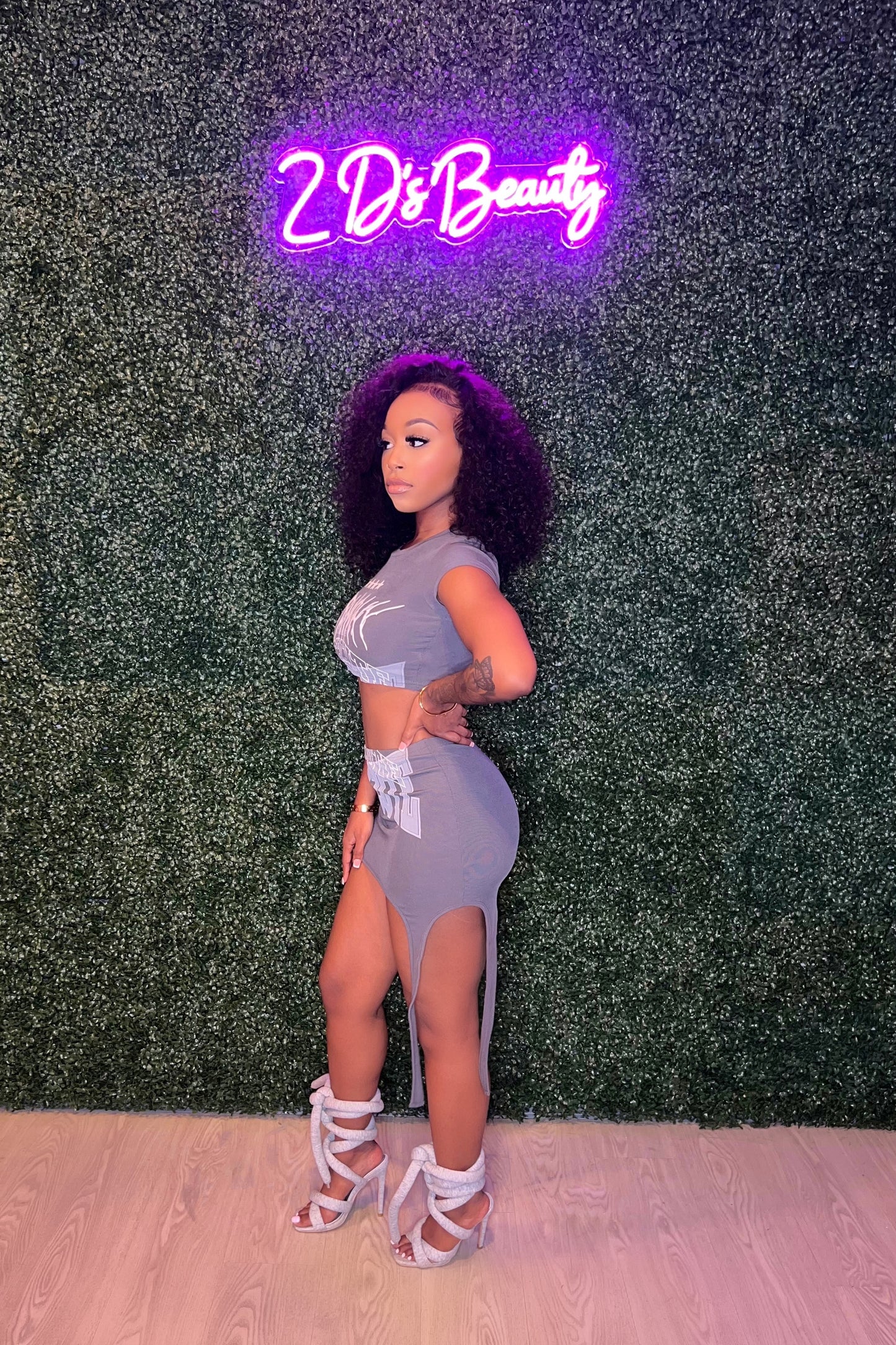 Two Piece Grey Graffiti Crop Top & Skirt Set