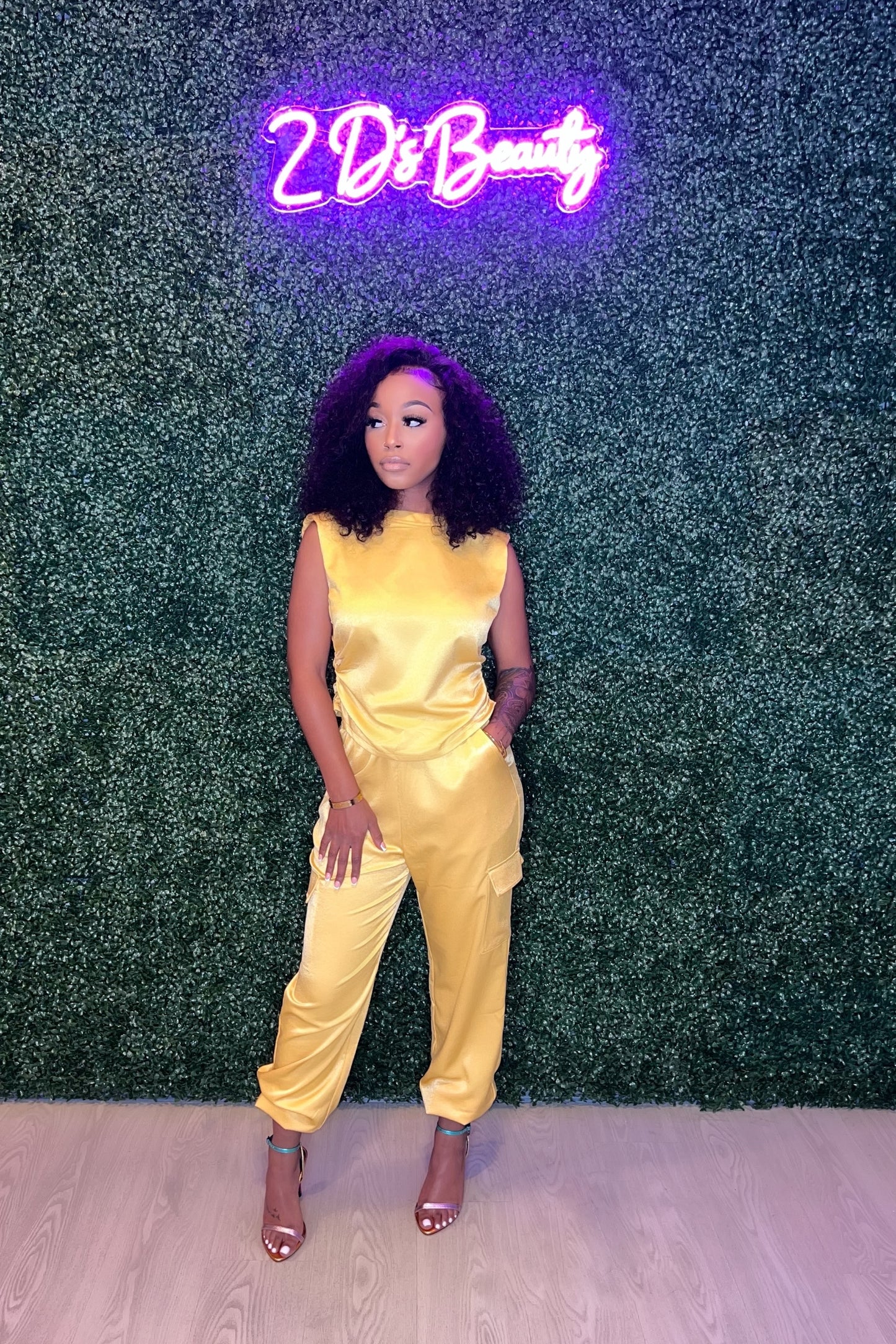 Two Piece Yellow Satin Cargo Set