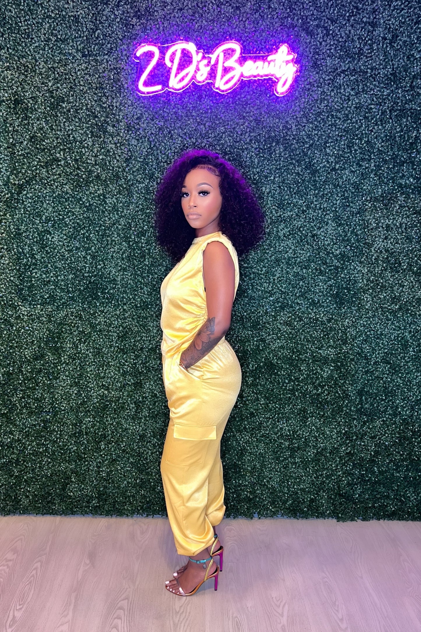 Two Piece Yellow Satin Cargo Set