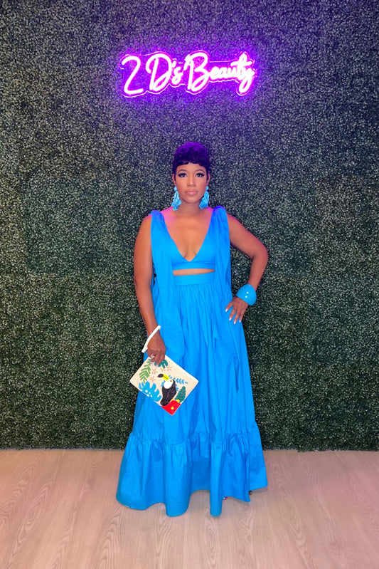 Two Piece Maxi Skirt With Padded Bralette Style Top -Ocean Breeze