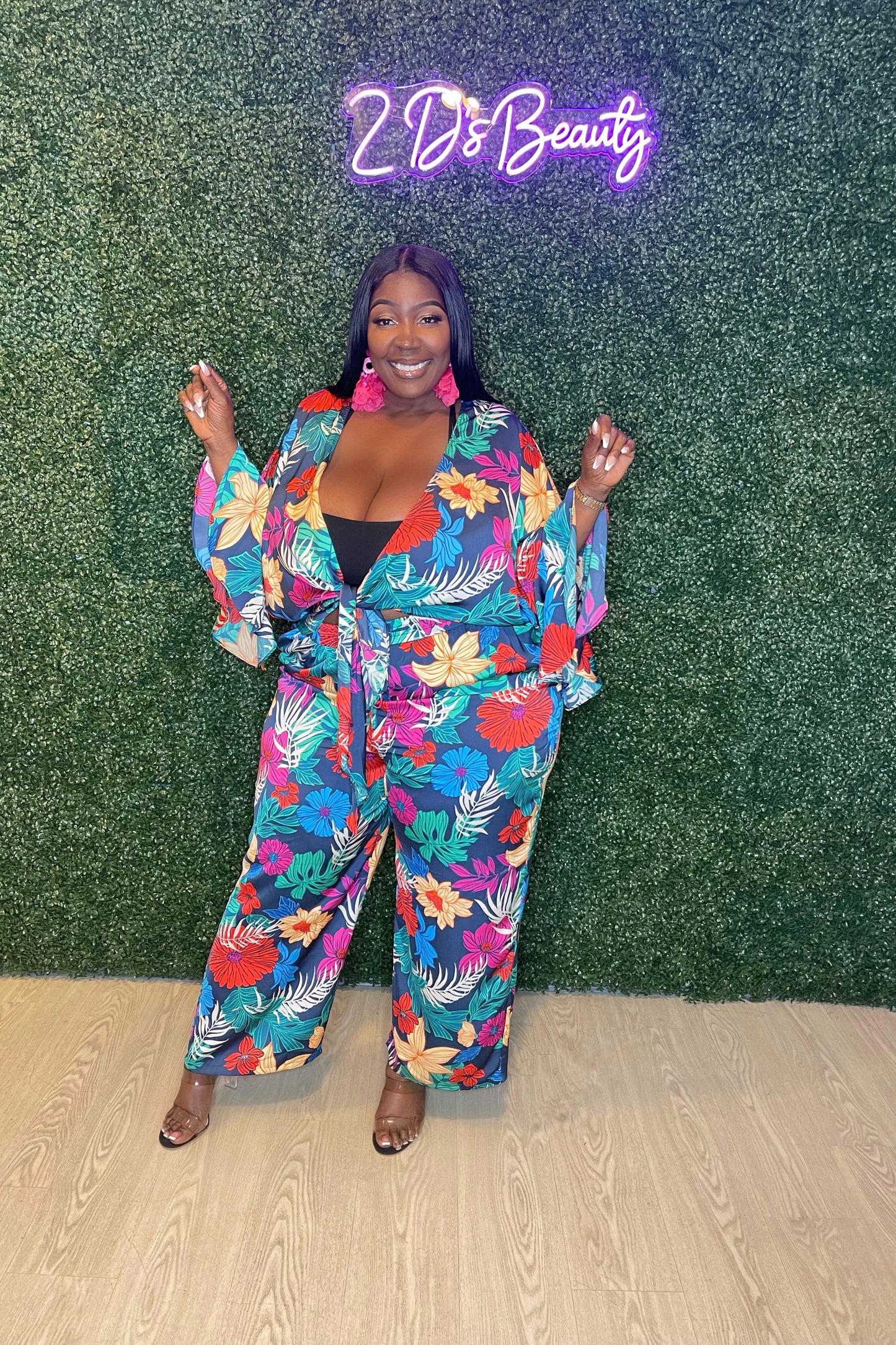 Plus Size Two Piece Tie Knot Top With Wide Leg Pants - Tropicana