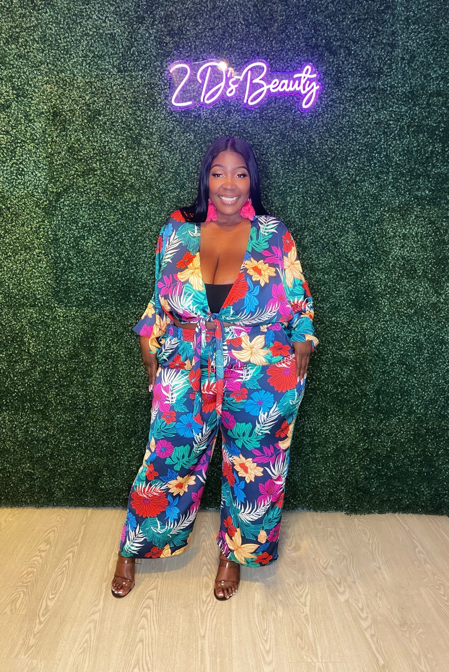 Plus Size Two Piece Tie Knot Top With Wide Leg Pants - Tropicana