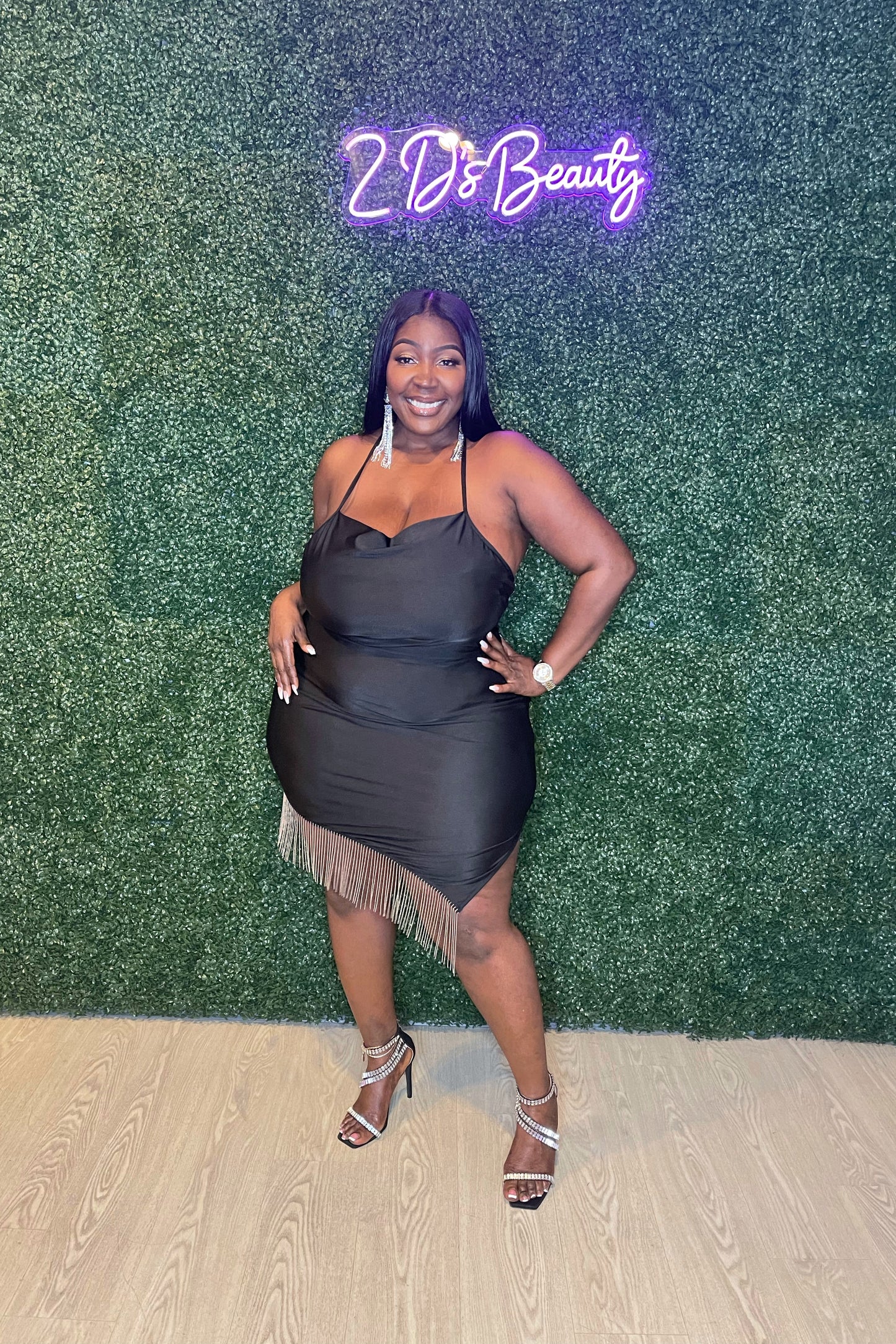 Plus Black Silver Fringe Asymmetric Dress