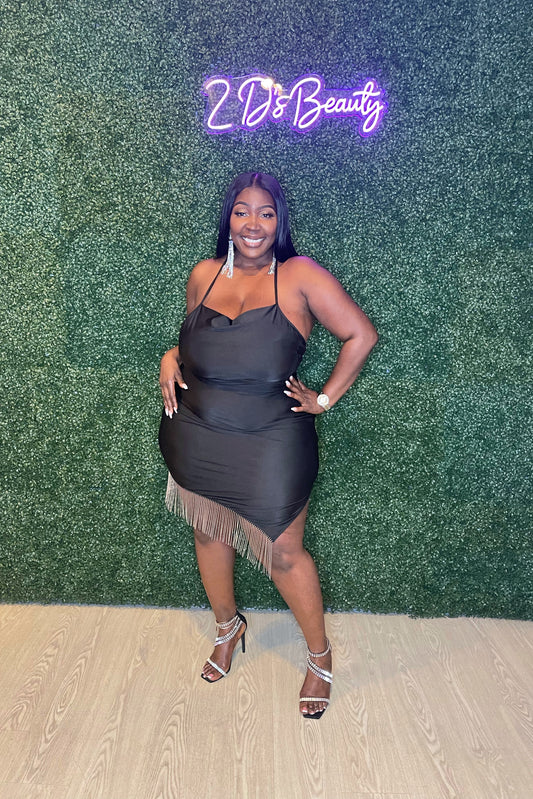 Plus Black Silver Fringe Asymmetric Dress