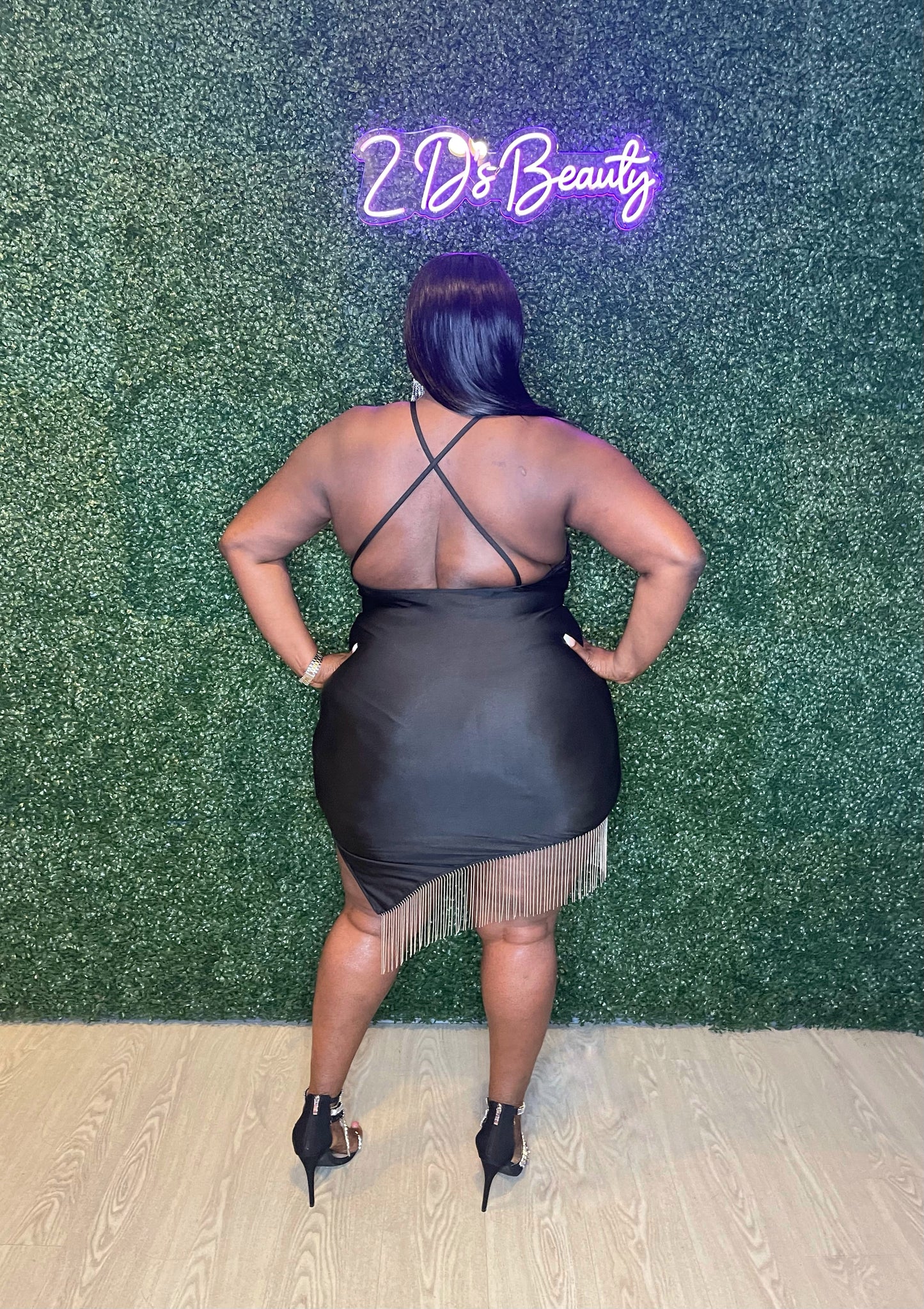 Plus Black Silver Fringe Asymmetric Dress