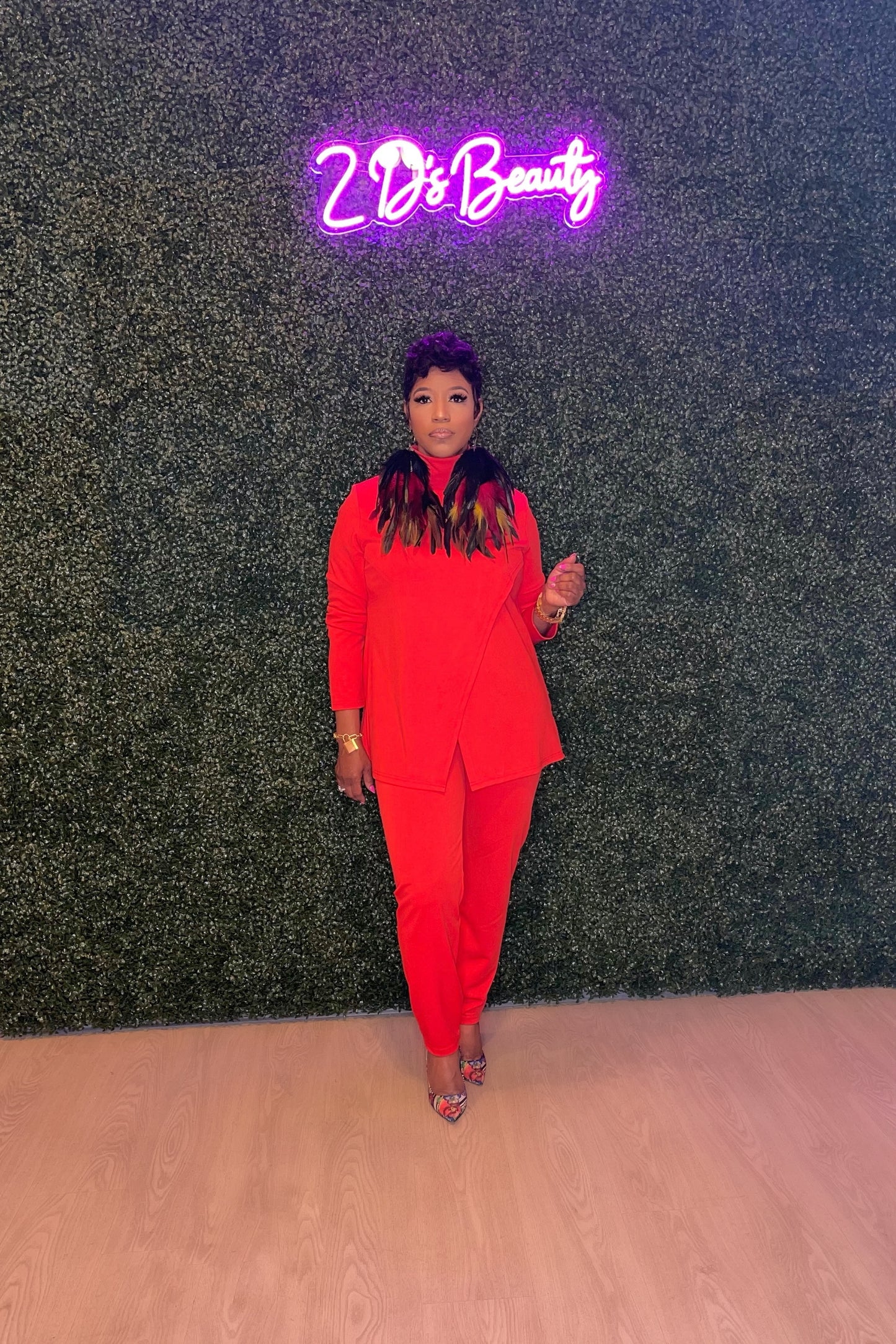 Two Piece Red Mock Neck Pantsuit