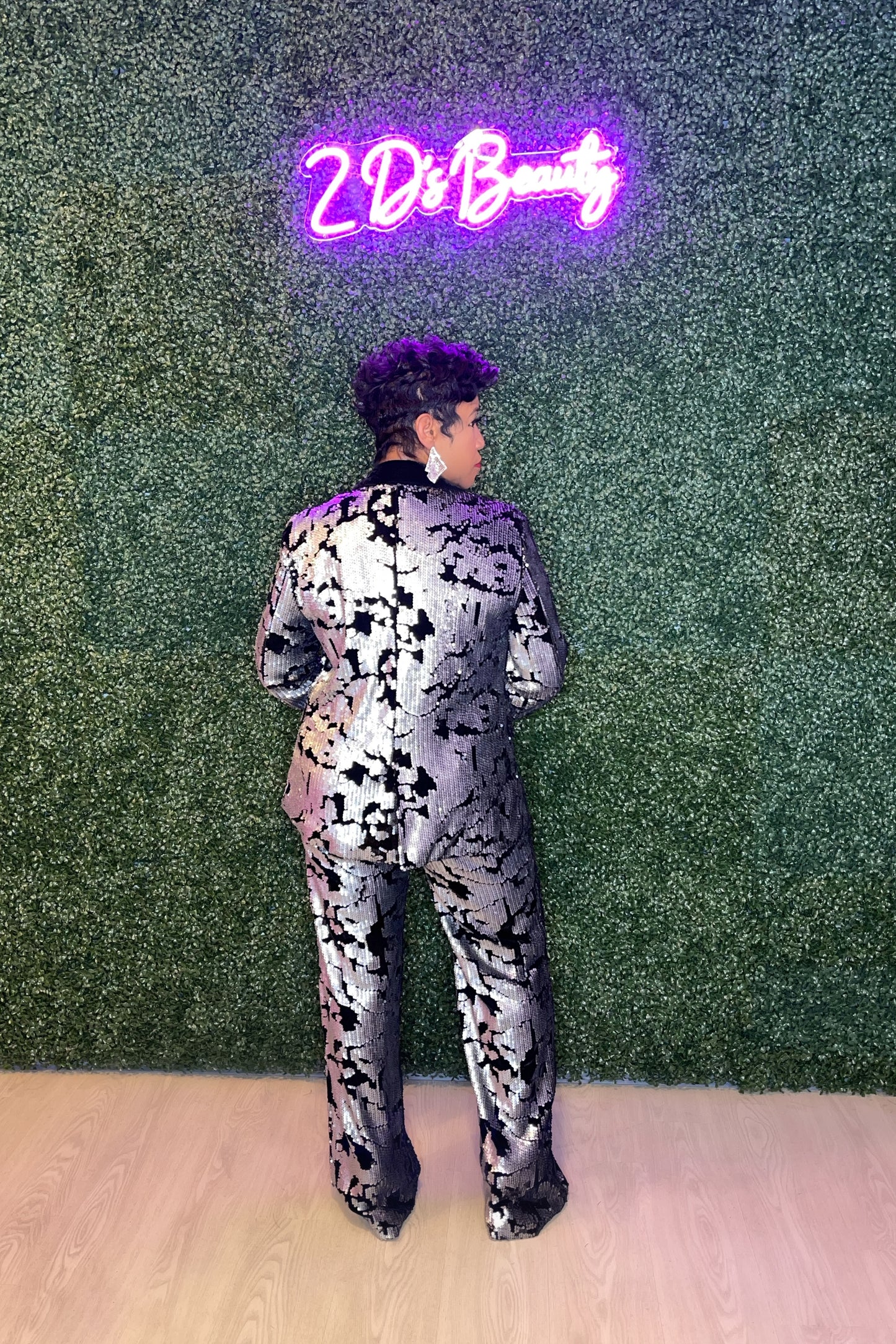 Two Piece Dazzle Silver/Black Sequin Suit