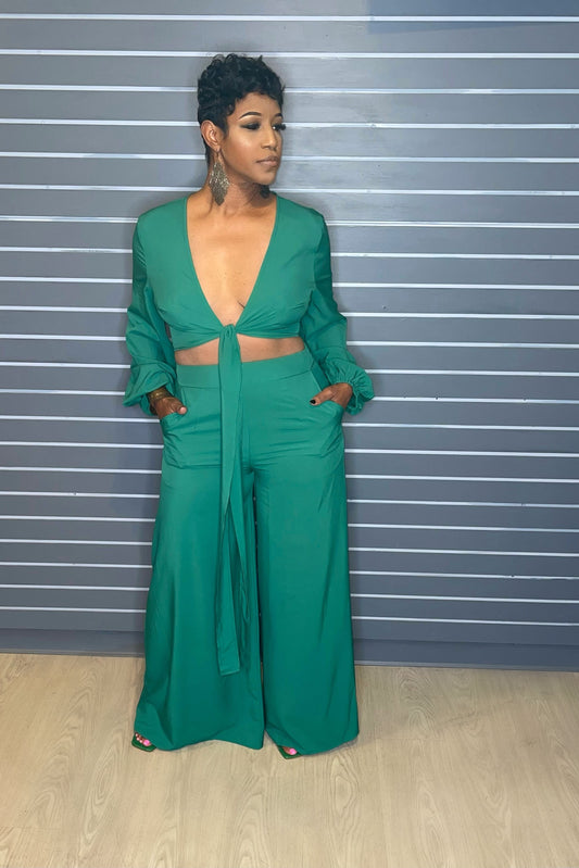 Two Piece Green Flowy Wide Leg Pant Set
