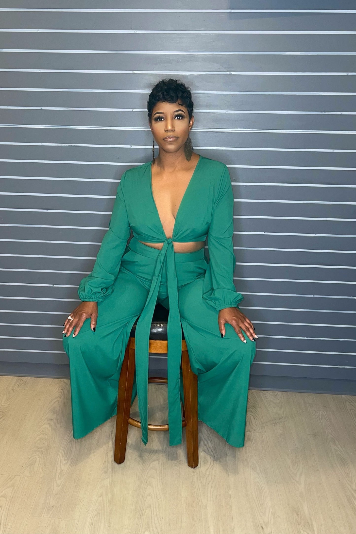Two Piece Green Flowy Wide Leg Pant Set