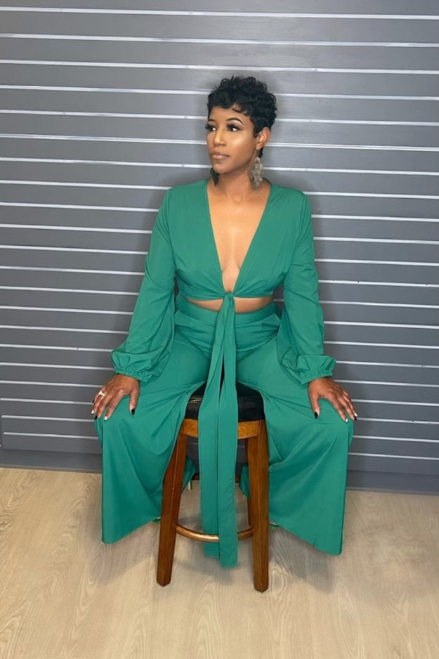 Two Piece Green Flowy Wide Leg Pant Set