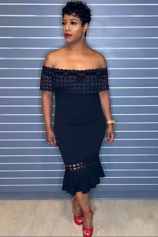 Black Open Hole Pattern Mermaid Off Shoulder Dress