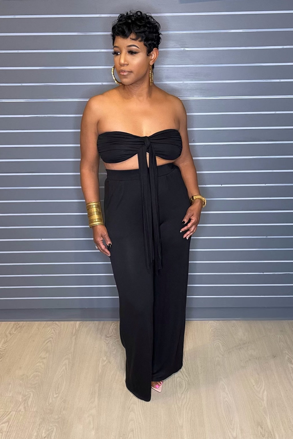 Two Piece Set Black Band Tie Top + Wide Leg Pants