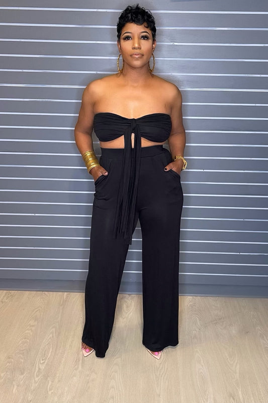 Two Piece Set Black Band Tie Top + Wide Leg Pants