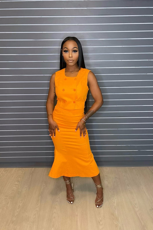 Two Piece Orange Vest and Mermaid Style Skirt Set