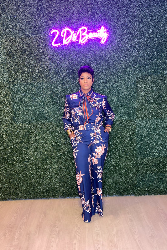 Two Piece Navy Multi Pattern Wide Leg Pants Set