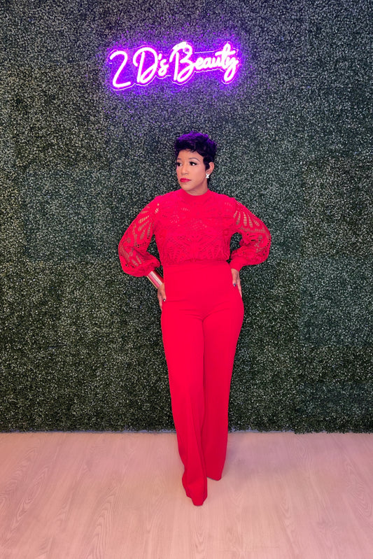 Red Long Sleeve Lace Top Jumpsuit