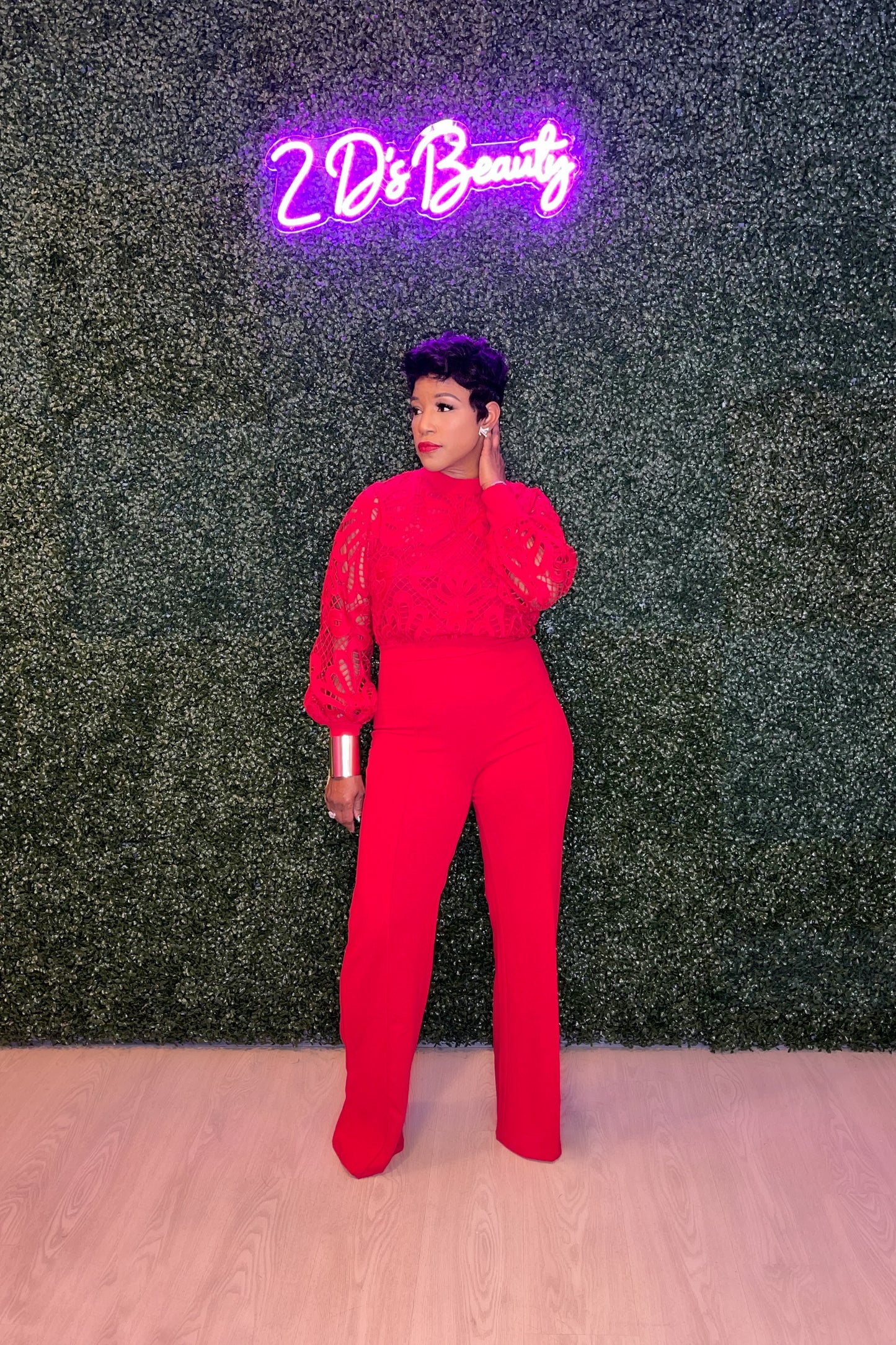 Red Long Sleeve Lace Top Jumpsuit