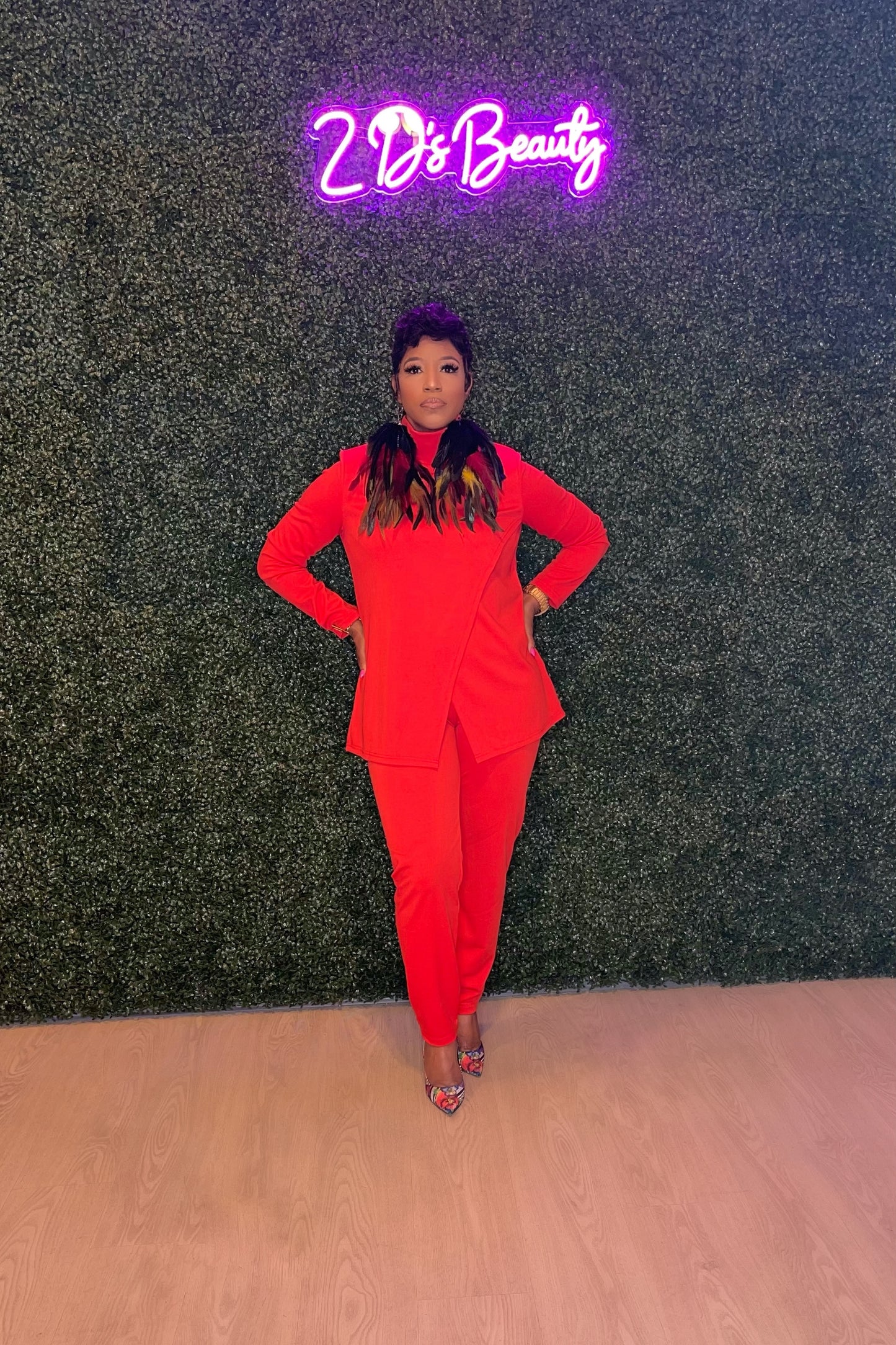 Two Piece Red Mock Neck Pantsuit