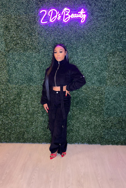 Two Piece Black Corduroy Jacket & Cargo Pants Set