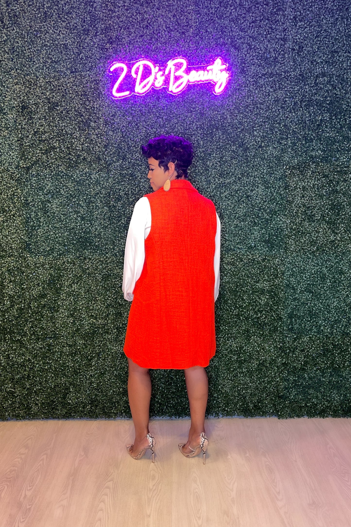 Two Piece Orange Tweed Vest With Shorts Set