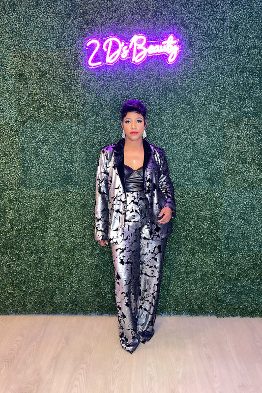 Two Piece Dazzle Silver/Black Sequin Suit