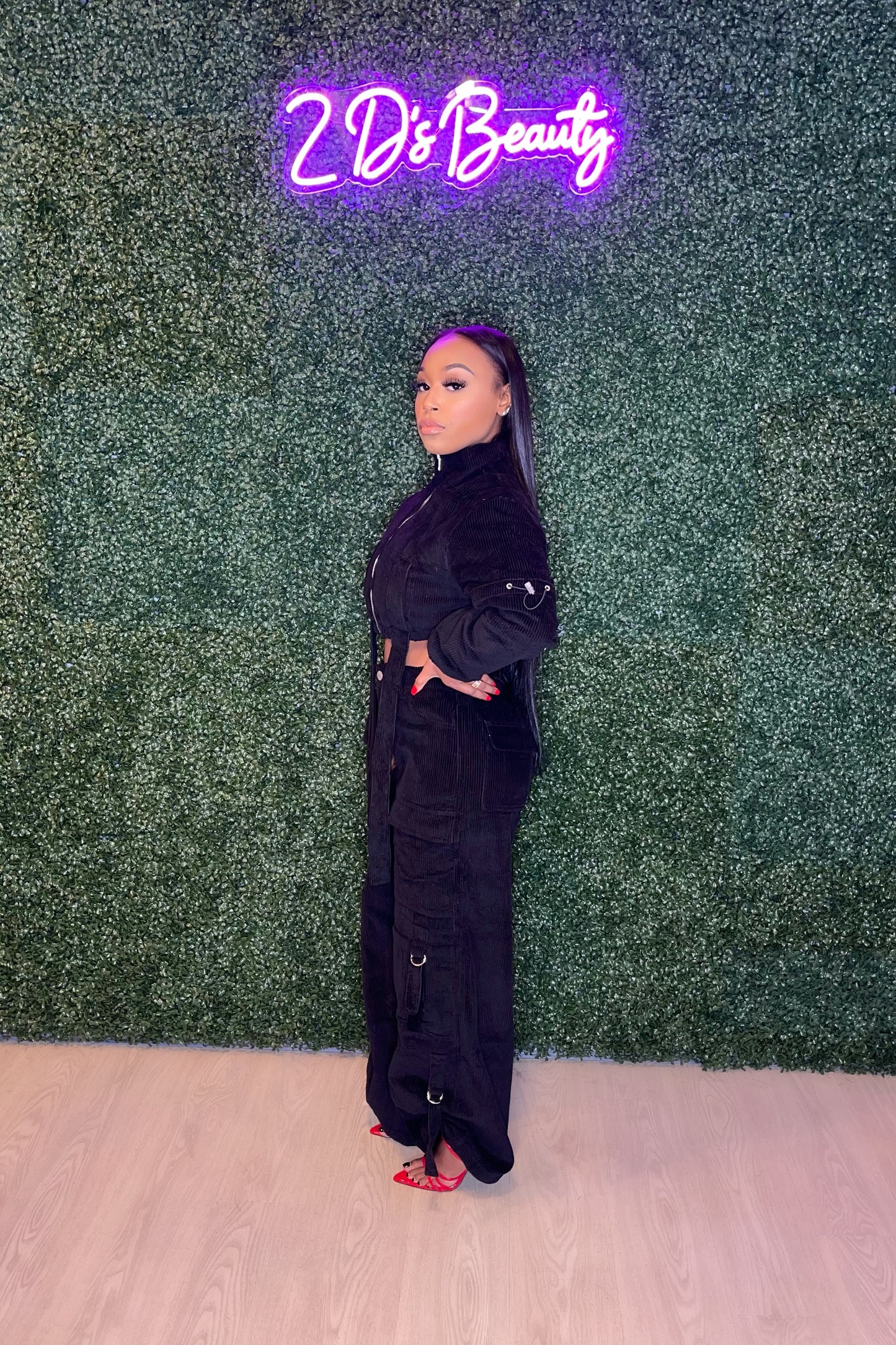 Two Piece Black Corduroy Jacket & Cargo Pants Set