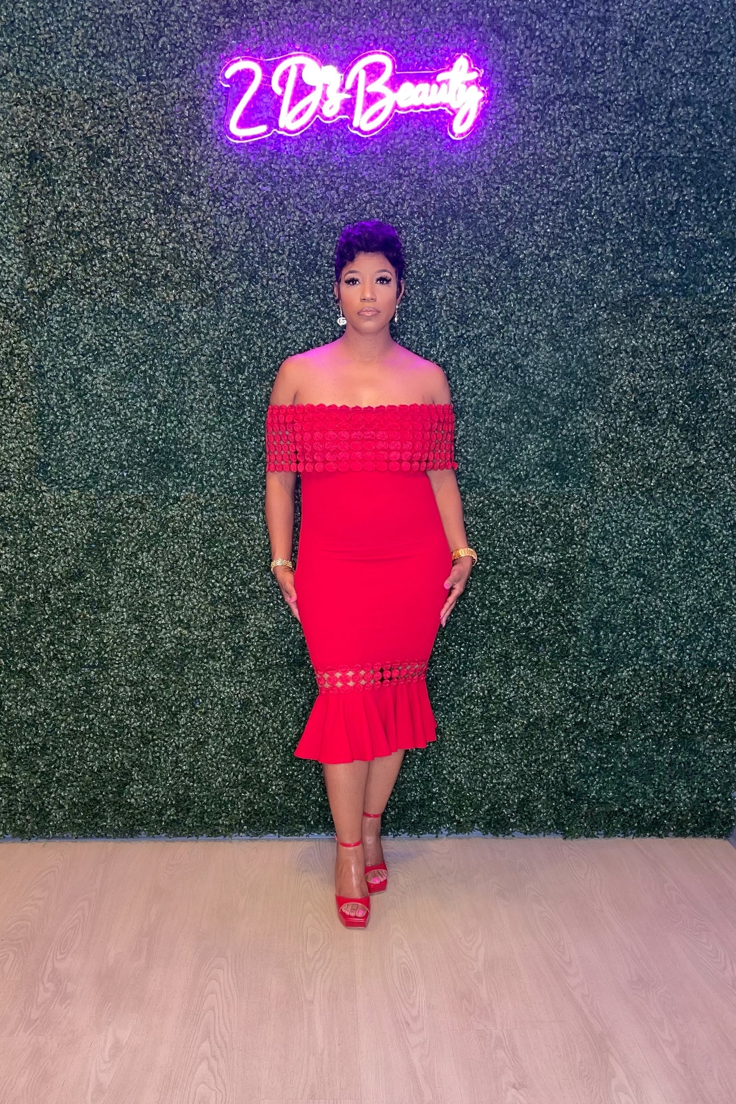 Red Off Shoulder Salsa Style Mermaid Dress