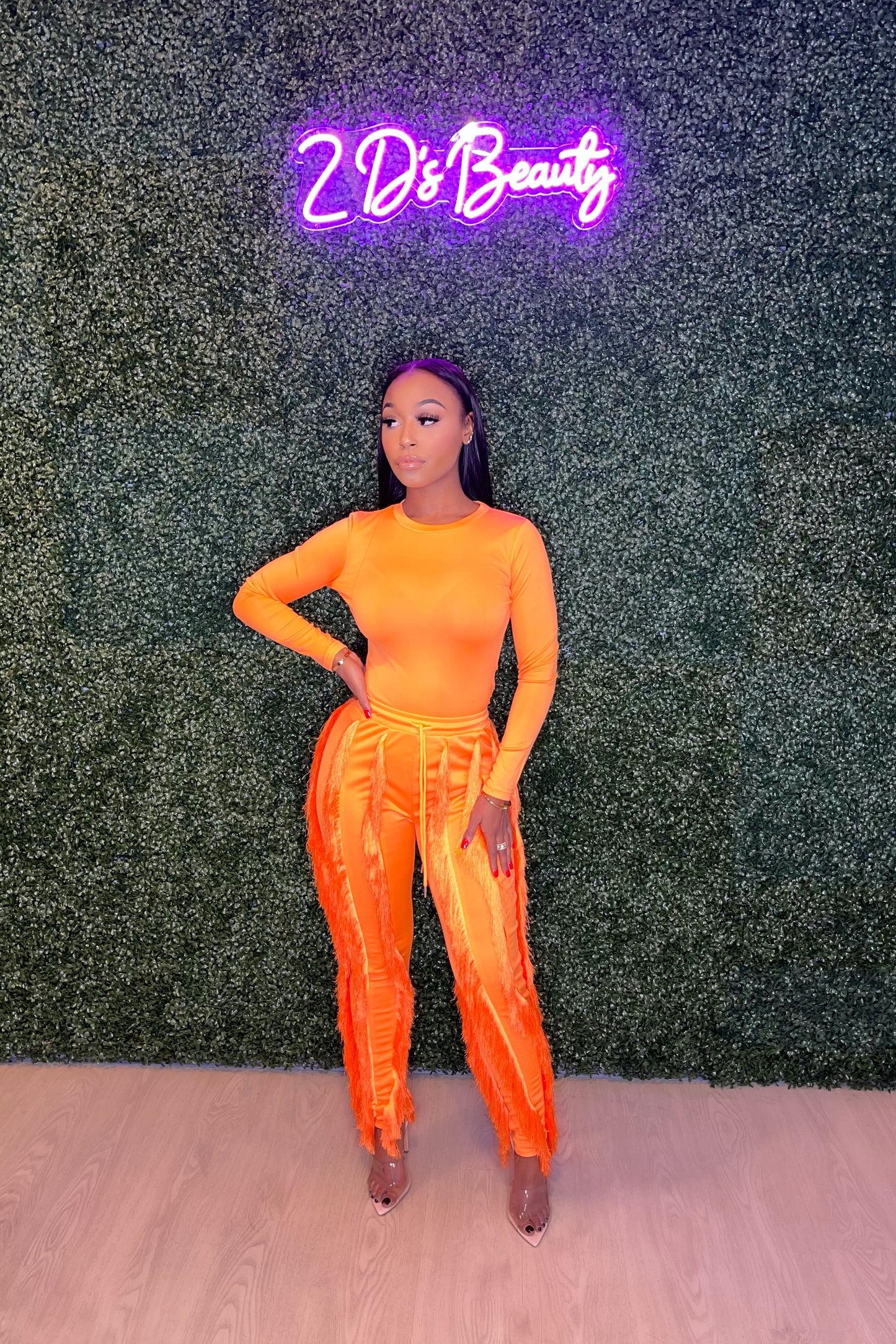 Two Piece Orange Fringe Sweatpants Set