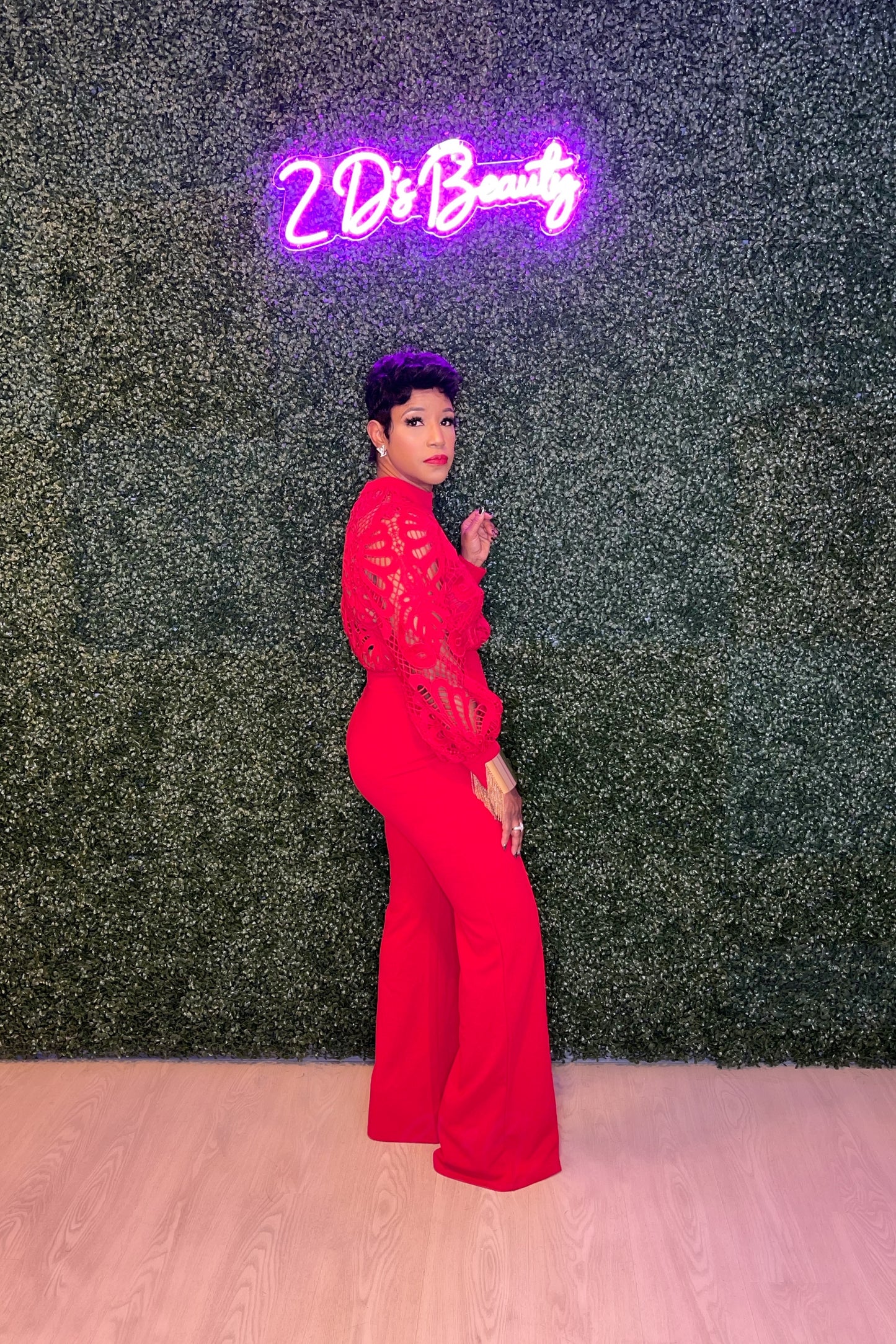 Red Long Sleeve Lace Top Jumpsuit