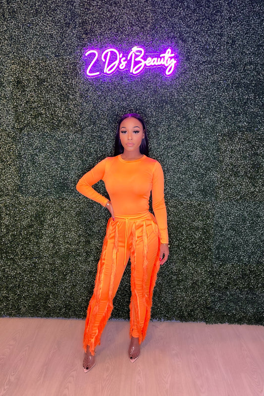 Two Piece Orange Fringe Sweatpants Set