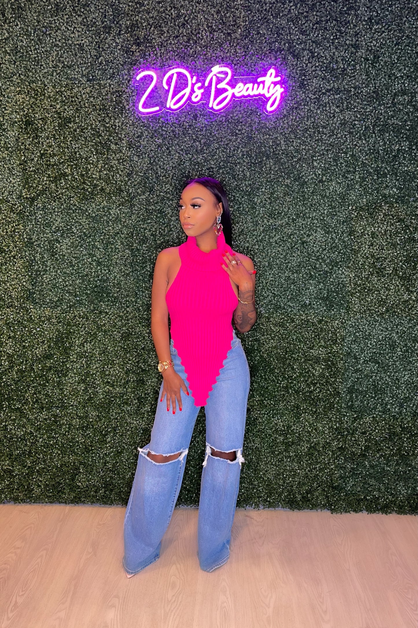 Fuchsia Knitted Backless Turtleneck Top