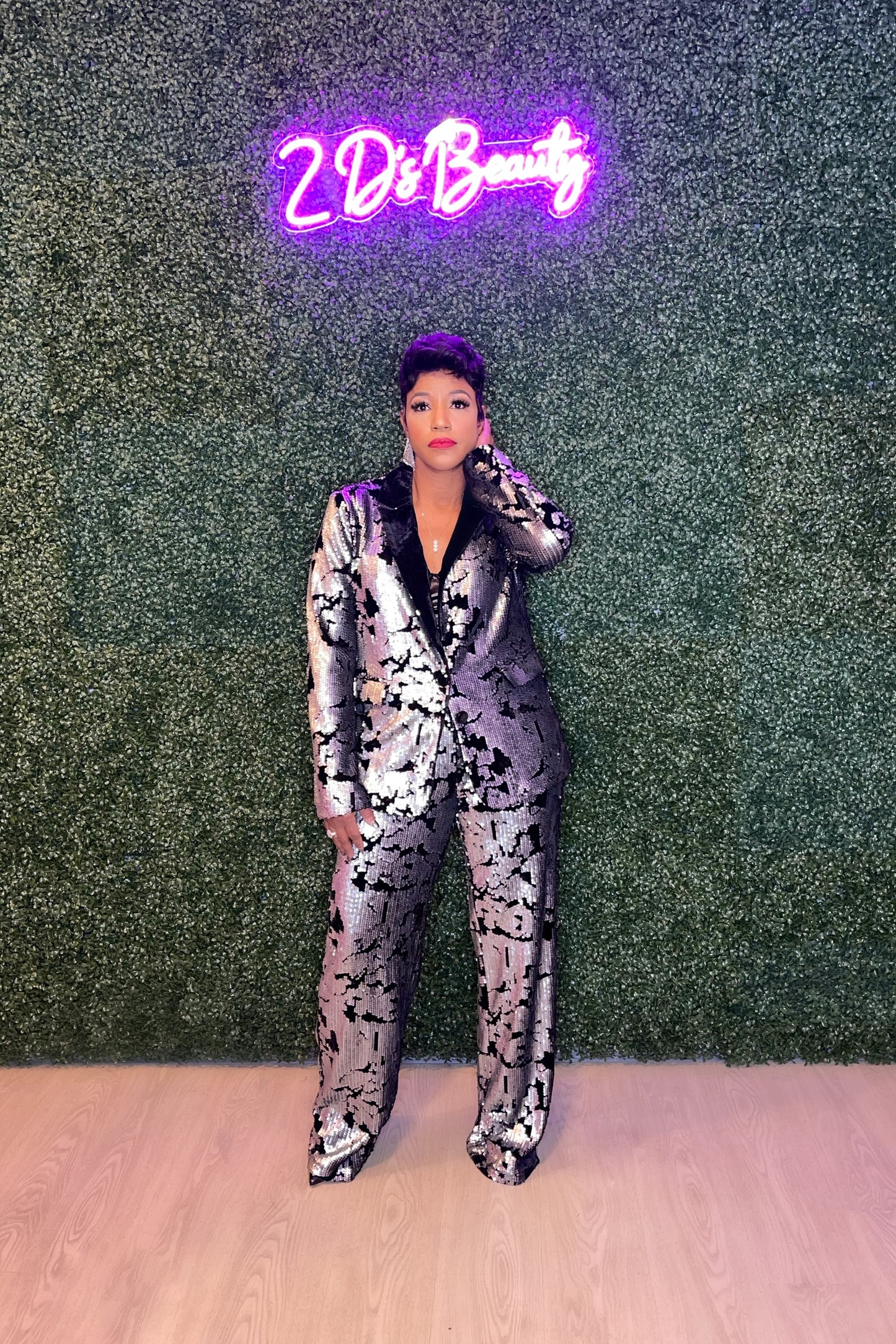 Two Piece Dazzle Silver/Black Sequin Suit