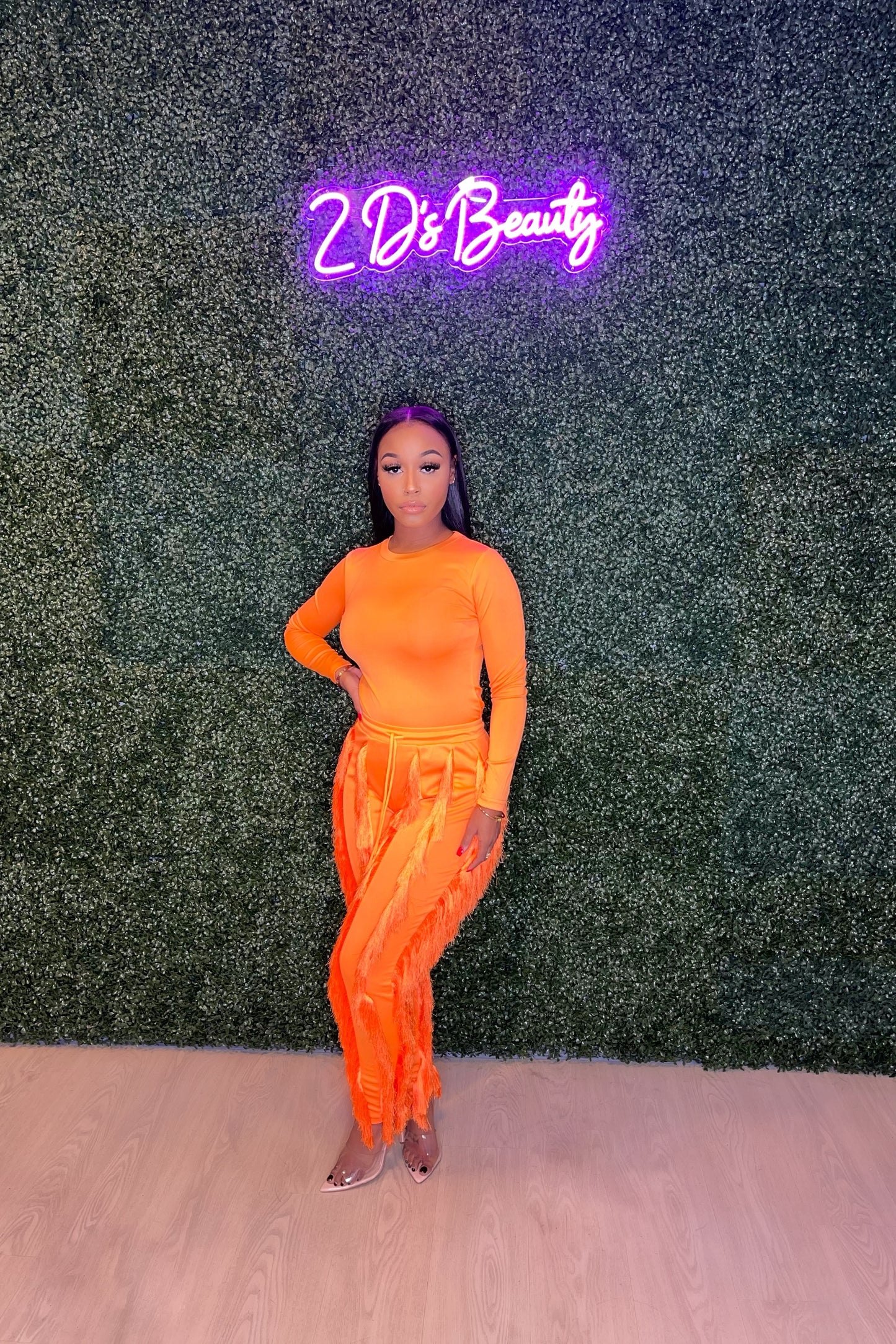 Two Piece Orange Fringe Sweatpants Set