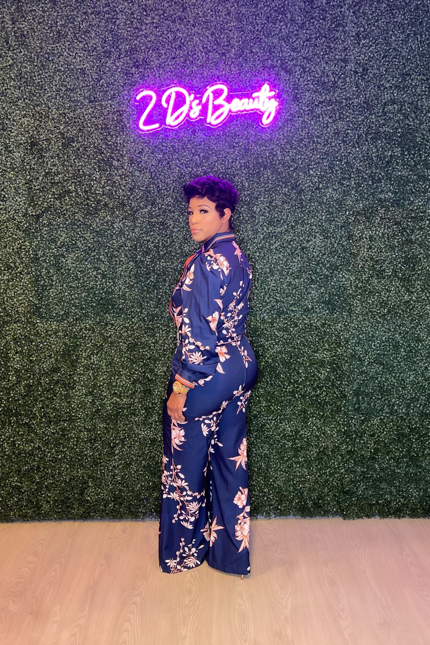 Two Piece Navy Multi Pattern Wide Leg Pants Set