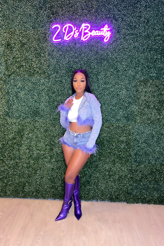 Two Piece Feather Jean Shorty Set