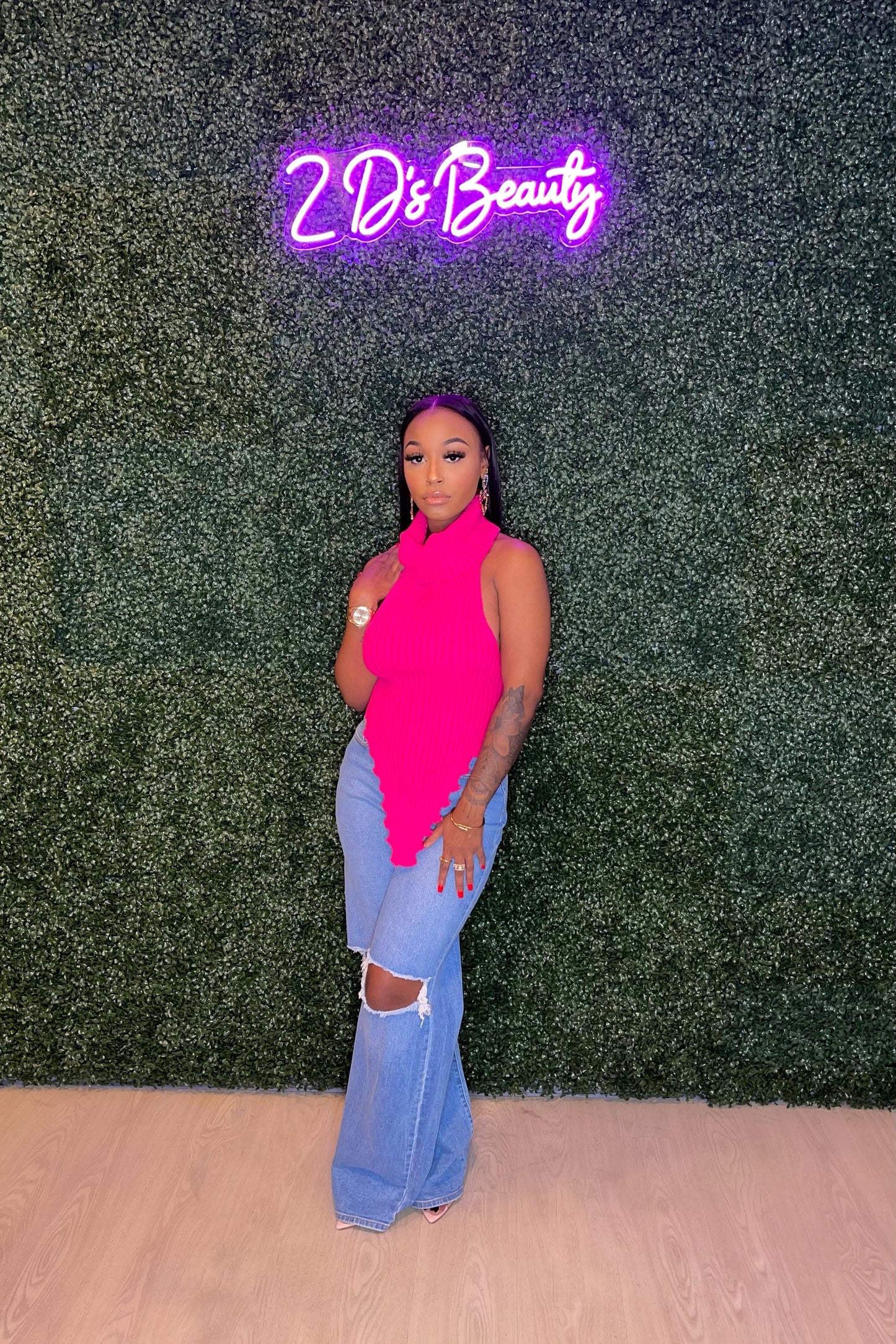 Fuchsia Knitted Backless Turtleneck Top