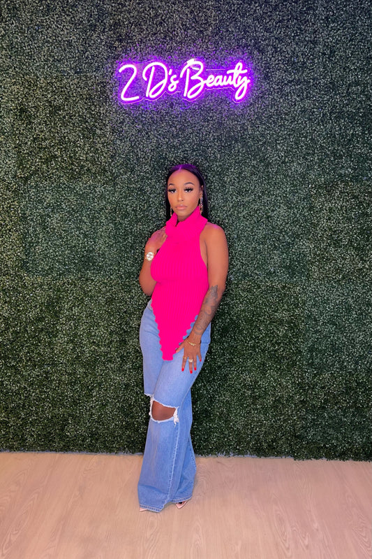 Fuchsia Knitted Backless Turtleneck Top