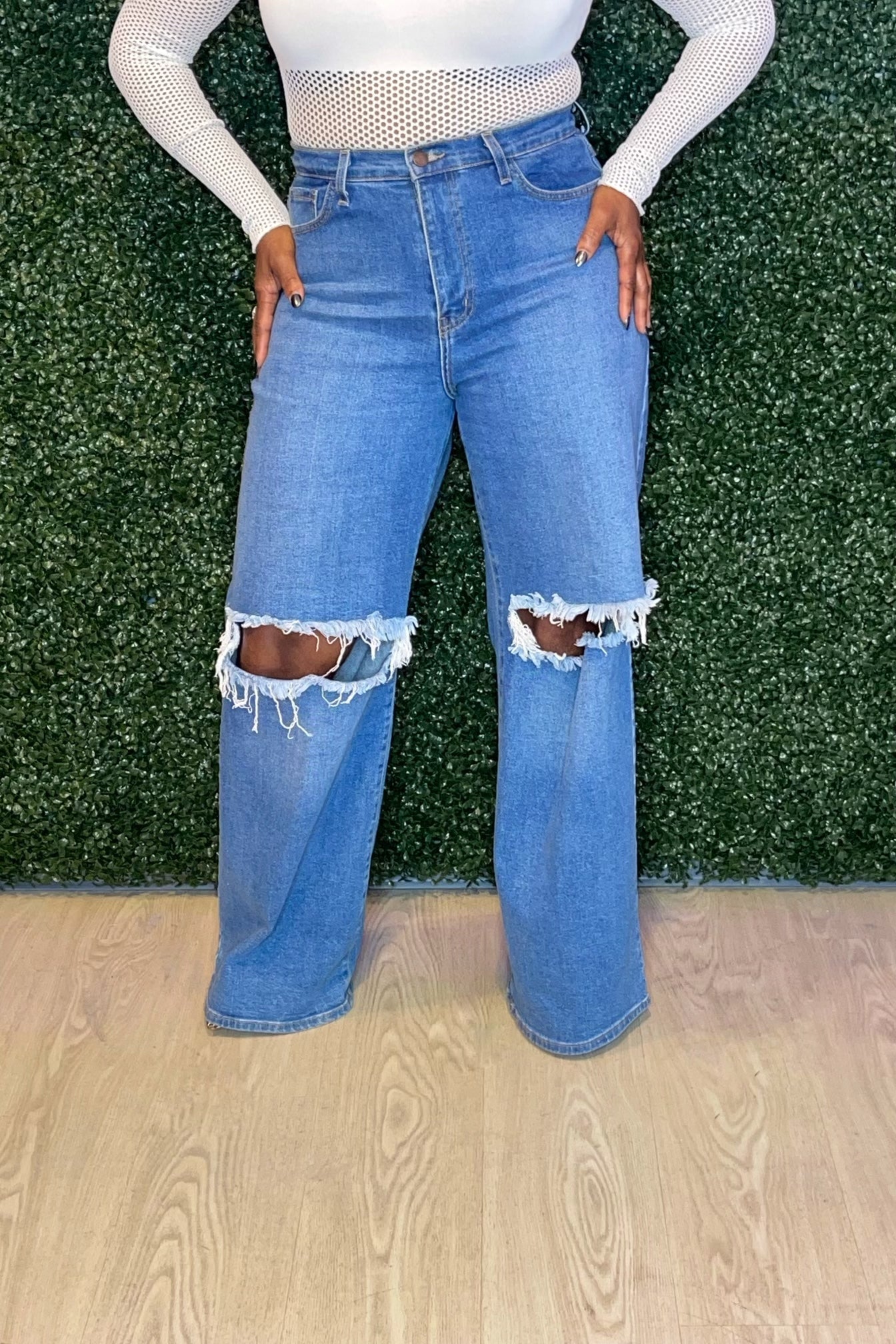 Wide Leg Ripped Knee Jeans