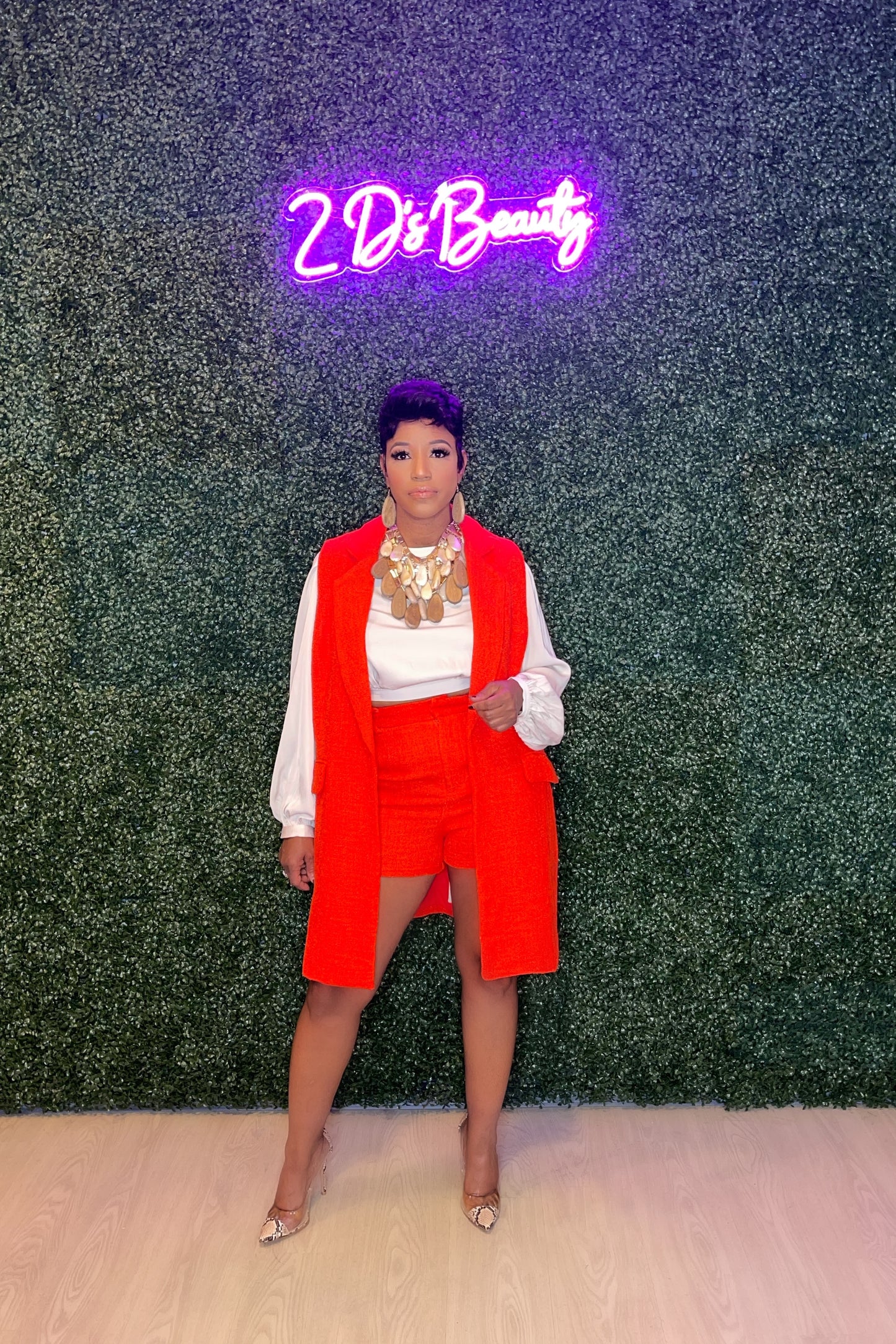 Two Piece Orange Tweed Vest With Shorts Set