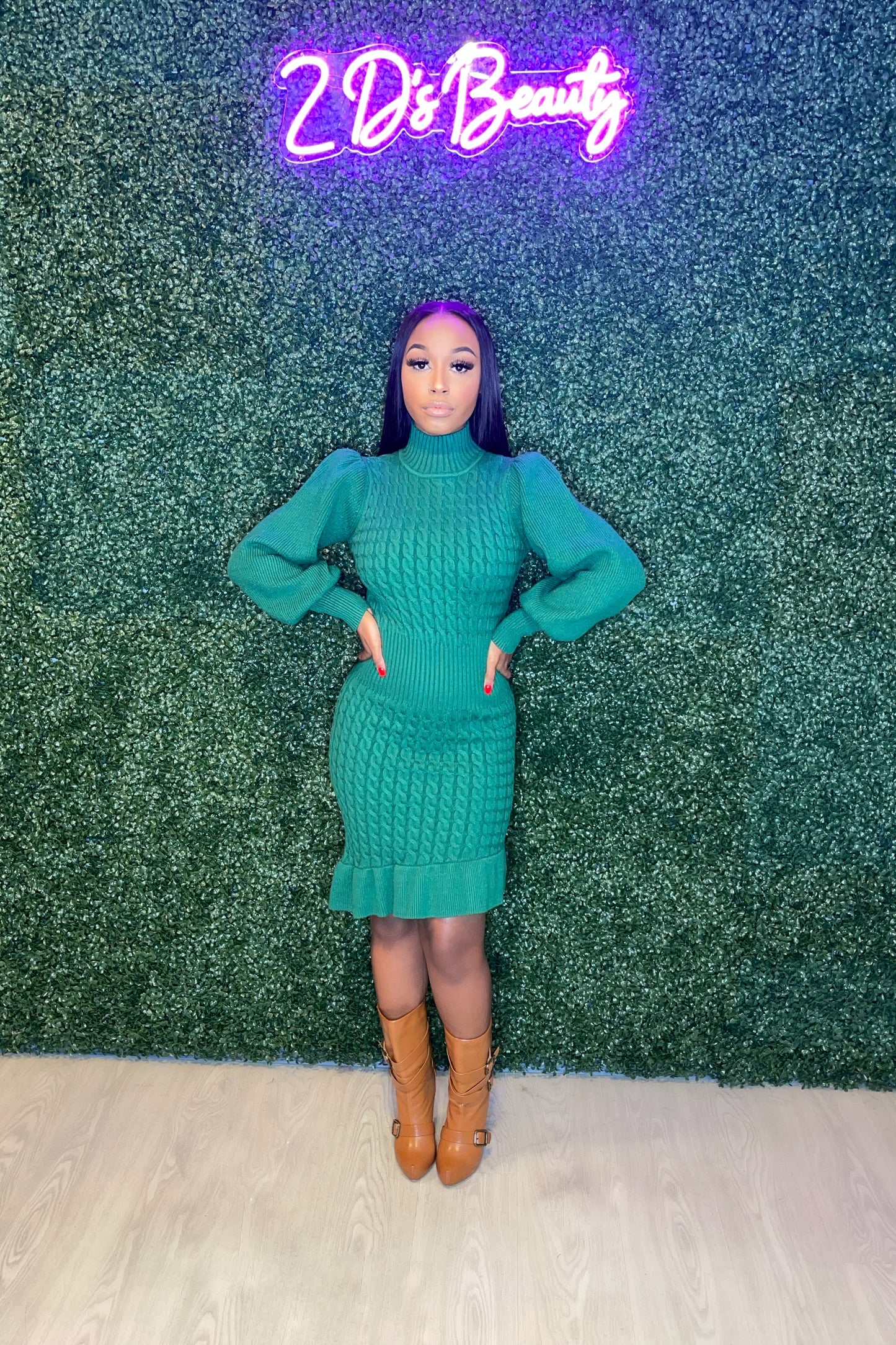 Green Asymmetric Mock Knit Dress