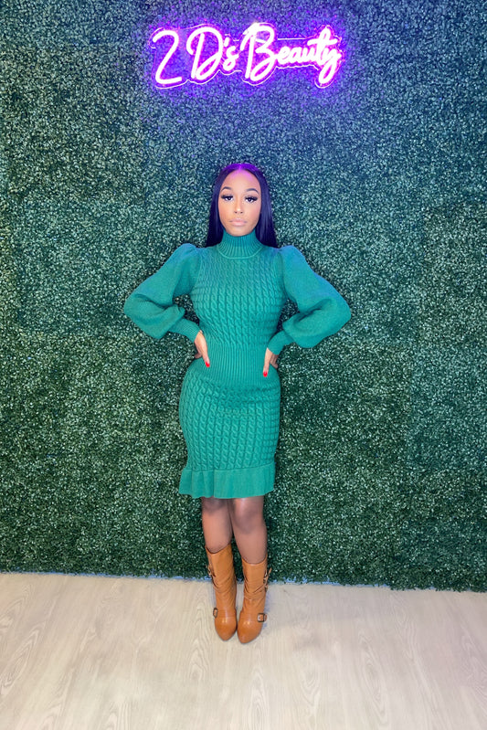 Green Asymmetric Mock Knit Dress