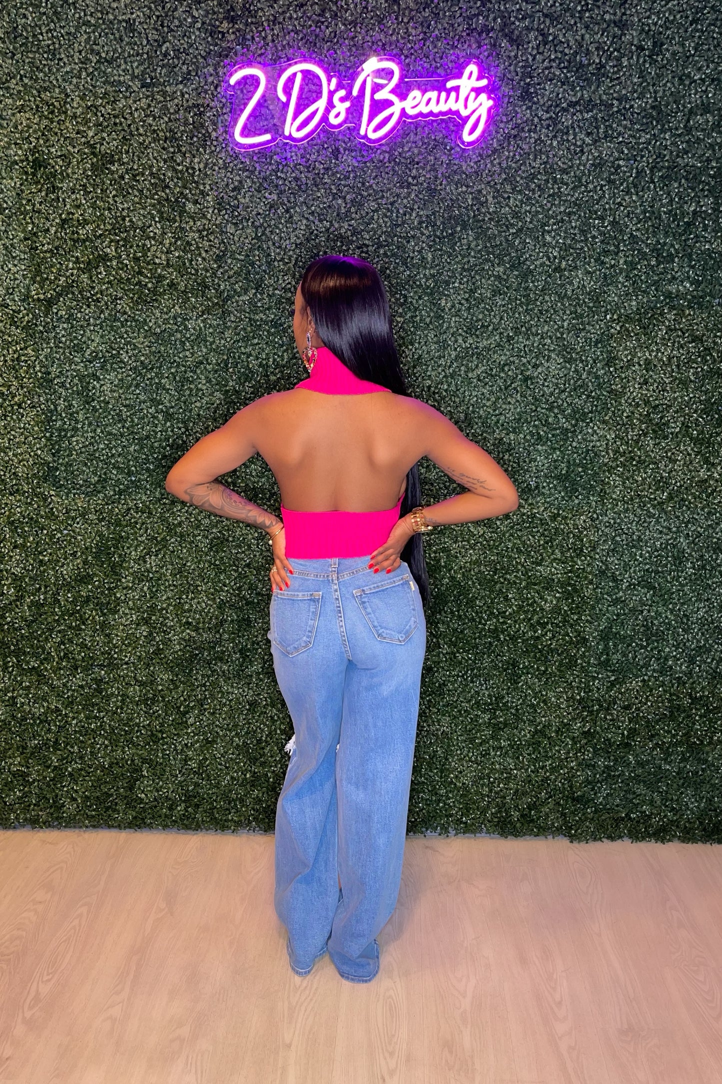 Fuchsia Knitted Backless Turtleneck Top