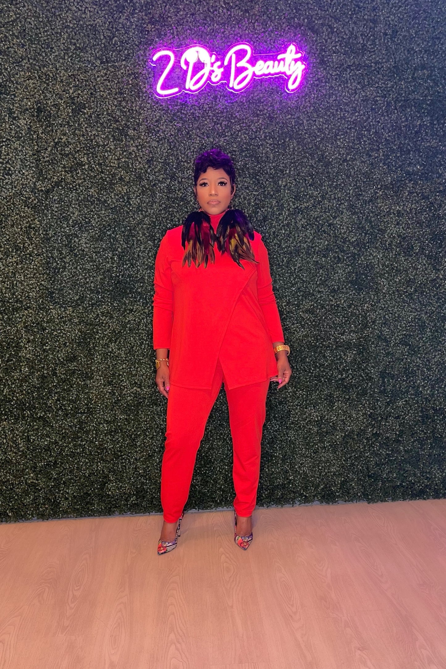 Two Piece Red Mock Neck Pantsuit