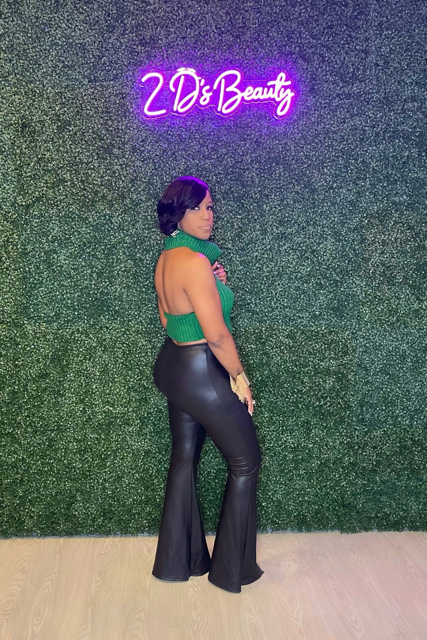 Green Knitted Backless Turtleneck Top