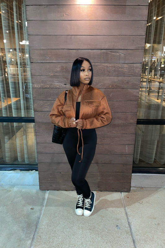 Rust Cropped Cargo Drawstring Jacket