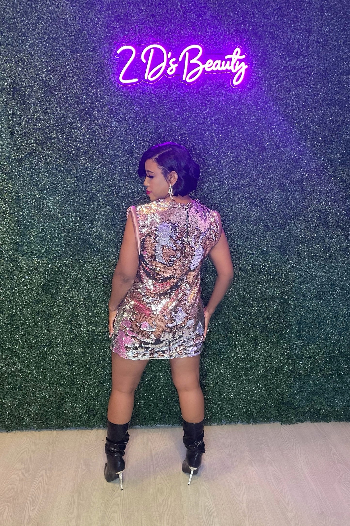 Sequin Square Shoulder Mini Babydoll Dress