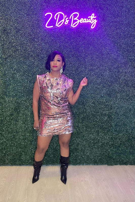 Sequin Square Shoulder Mini Babydoll Dress