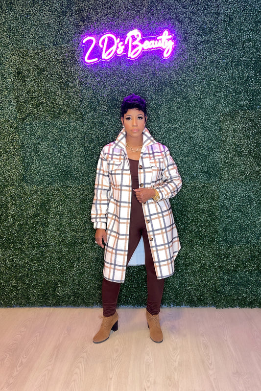 Cream Plaid Mid Length Trench Jacket